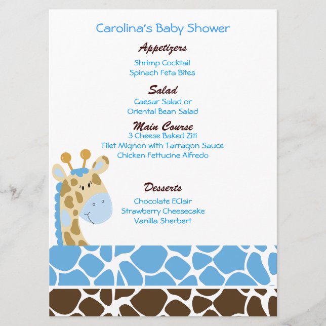 Menú Baby Shower de Personalizado azul Jungle Gira (Anverso)