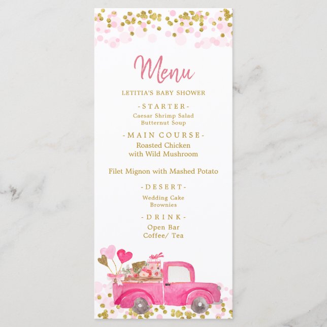 Menú Baby Shower de Valentine Truck (Anverso)