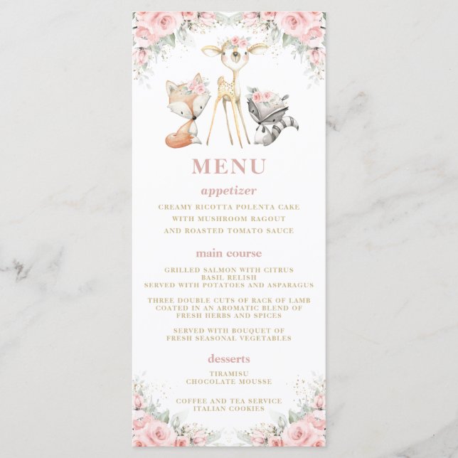 Menú Baby Shower de Woodland Animal Rubor Pink Flo (Anverso)