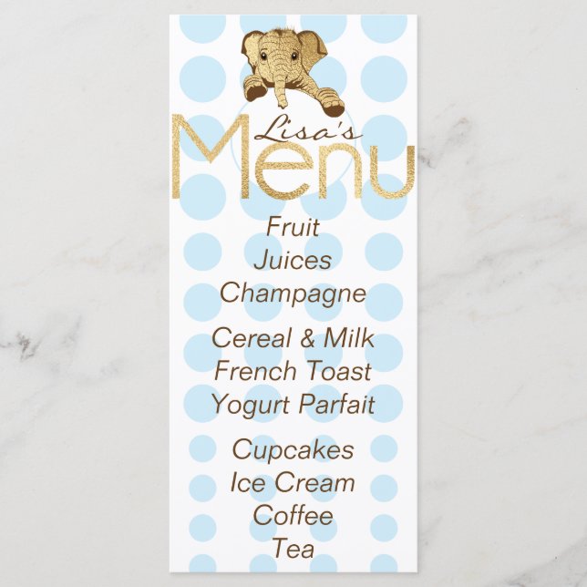 Menú Baby Shower Elephant Gold Blue (Anverso)