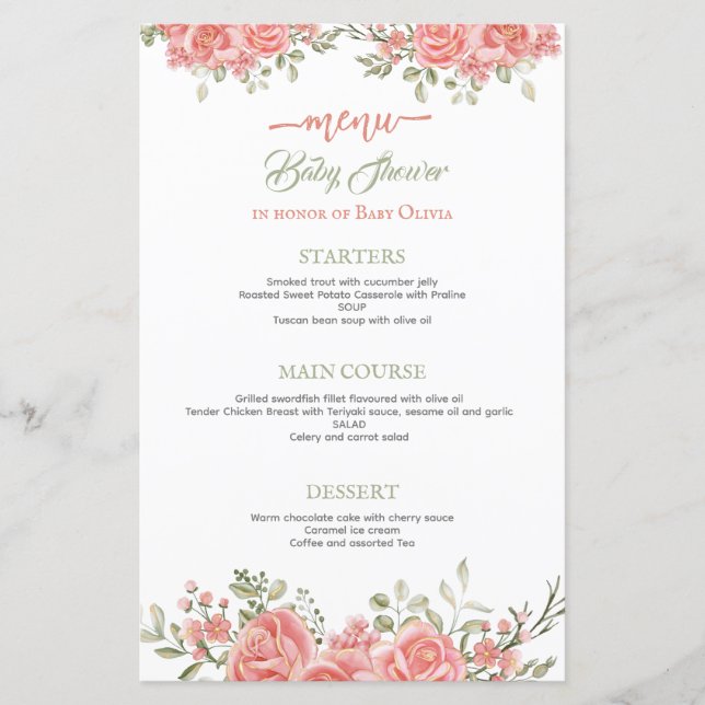 Menú Baby Shower Gold and Pink Floral Bow (Anverso)