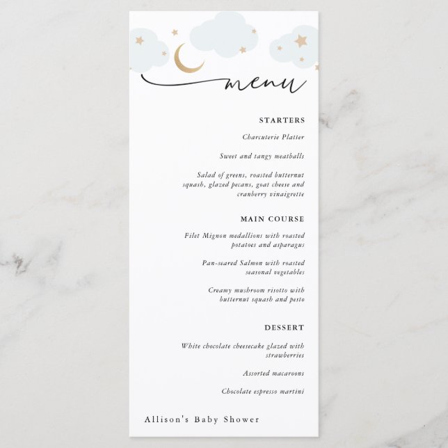 Menú Baby Shower Over the Moon Blue and Gold (Anverso)