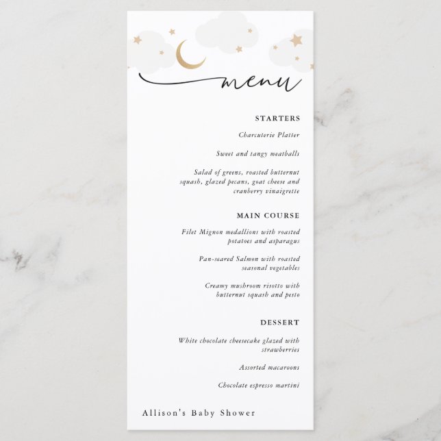 Menú Baby Shower Over the Moon Gray and Gold (Anverso)