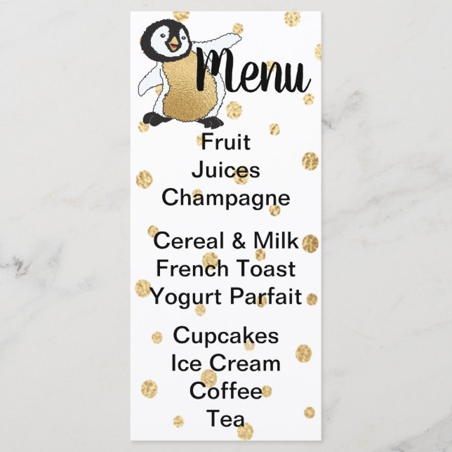 Menú Baby Shower "Pingüino bebé dorado" (Anverso)