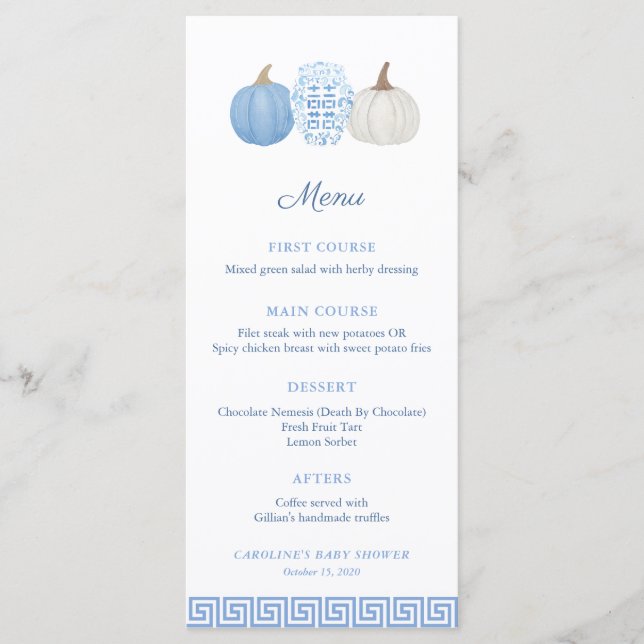 Menú Baby Shower Preppy Chinoiserie Blue Pumpkin (Anverso)