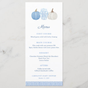 Menú Baby Shower Preppy Chinoiserie Blue Pumpkin