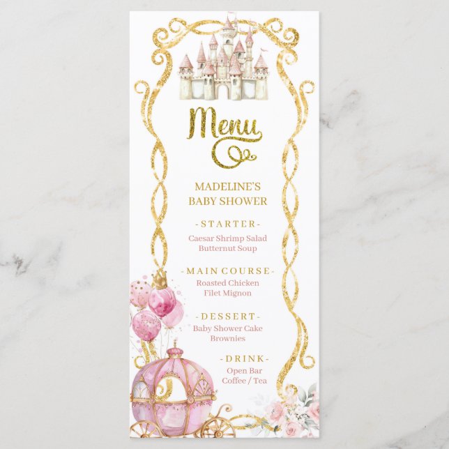 Menú Baby Shower Royal Princess Pink Carriage (Anverso)