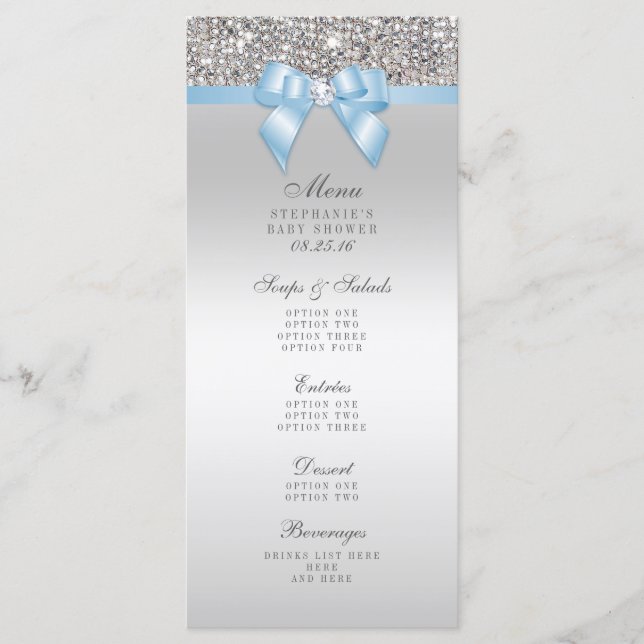 Menú Baby Shower Silver Sequin Baby Blue Bow (Anverso)