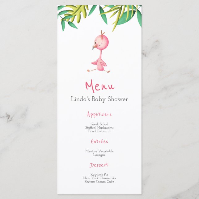 Menú Baby Shower Tropical Summer Pink Flamingo (Anverso)