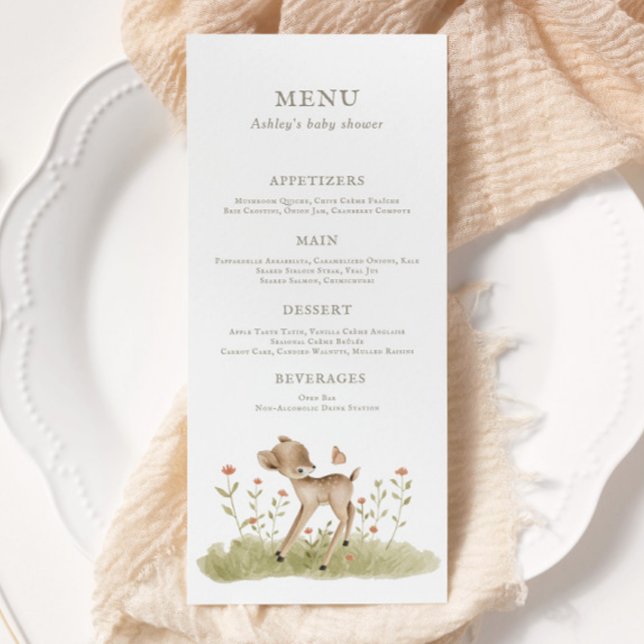 Menú Baby Shower Woodland Forest (Customize the text, colors, and design placement to fit your needs!)