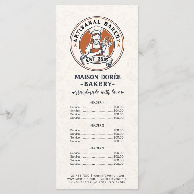 Menú Bakery Pastry Chef Baking Catering Gold Price List (Anverso)