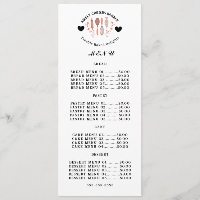 Menú Bakery Pastry Chef Baking Utensiers (Anverso)