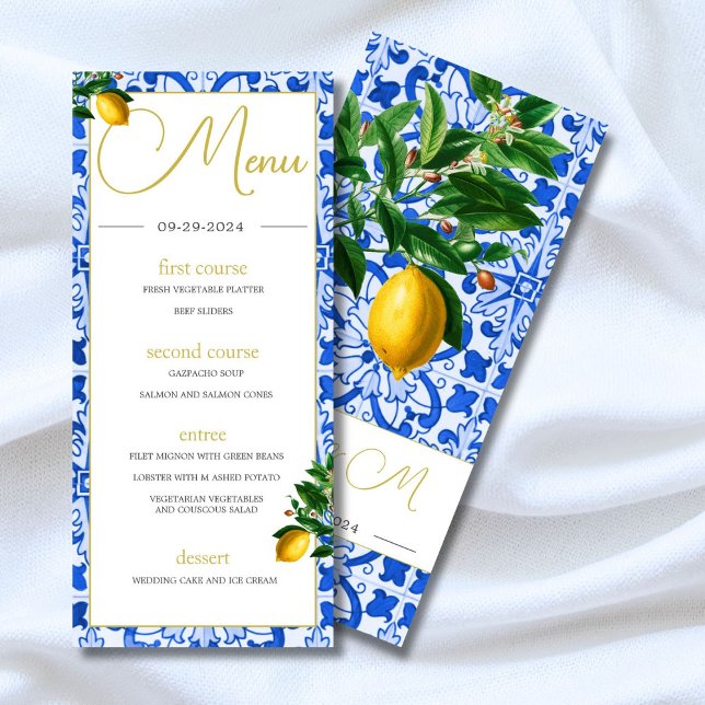 Menú Baldosas blancas azules Monograma de verano lemone (Subido por el creador)