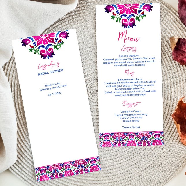 Menú Baldosas de Talavera mexicana rosa (Pink magenta blue Mexican Talavera tiles pattern bridal shower wedding menu card bright colorful)