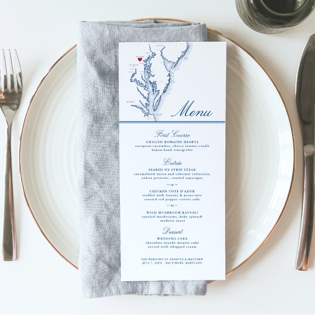 Menú Baltimore Mapa de Maryland Elegante Boda azul de l (Baltimore MD Wedding Menu with Elegant navy blue Chesapeake Bay map from Coastal Map Designs)