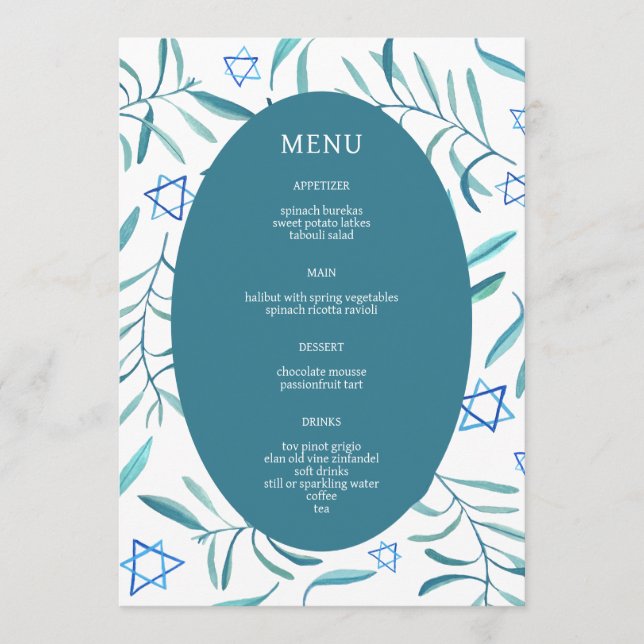 Menú Bar Bat Mitzvah Boda Judía Botánicos Personalizado (Anverso)