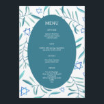 Menú Bar Bat Mitzvah Boda judío Personalizado de Botáni<br><div class="desc">Un menú personalizado perfecto para una mitzvah de murciélago, el bar mitzvah u otra celebración judía! Hand hizo arte acuarela por ti en la parte delantera y trasera. ¡TODO PERSONALIZABLE! Haga clic en "Personalizar" para editar el texto. Haga clic en "editar usando la herramienta de diseño" para ajustar las fuentes,...</div>
