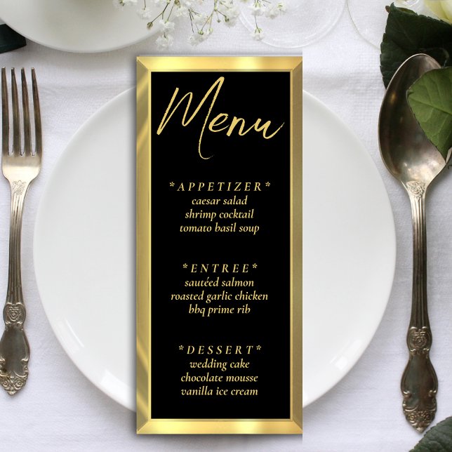 Menú Bar negro y dorado elegante recepción de boda (Black & Gold Bar Elegant Wedding Reception Menu)