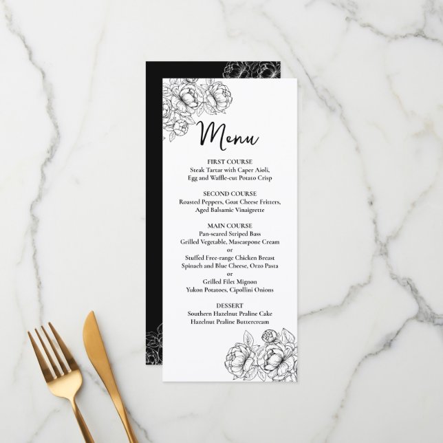 Menú Barra Boda Floral Boho blanco negro de doble cara+ (Anverso/Reverso In Situ)