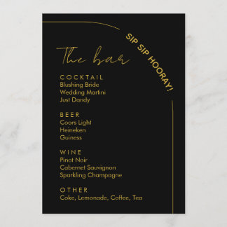 Menú Barra de Bebidas de Boda Moderna en Negro y Dorado