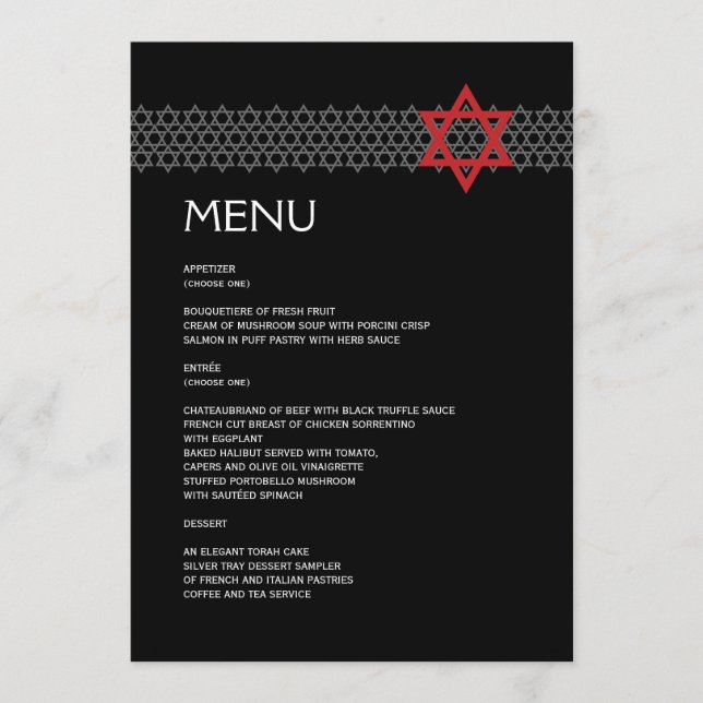 Menú Barra de la estrella/menú brillantes de Mitzvah (Anverso)