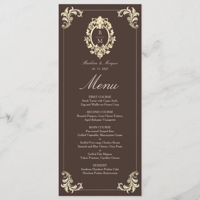 Menú Barroco de Monograma de Boda de Oro Marrón Chocola (Anverso)