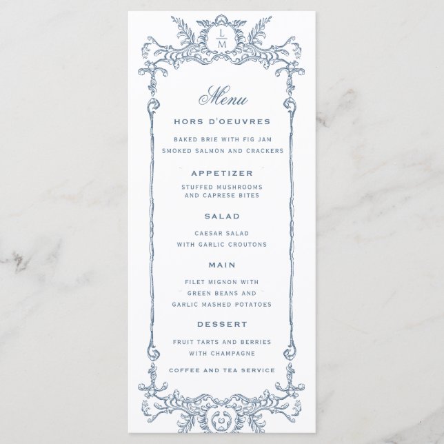 Menú Barroco del Ornato Azul francés | Boda de monogram (Anverso)