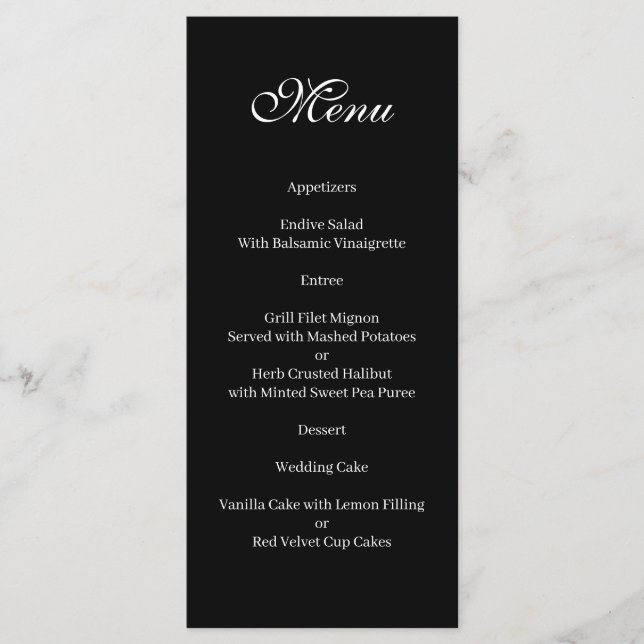 Menú básico y elegante en blanco y negro (Anverso)