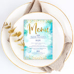 Menú Bat Mitzvah Gold Purpurina Relieve metalizado Turq<br><div class="desc">¡Estén orgullosos, regocijaos y exhiban este hito de su Bat Mitzvah favorito con una celebración de la que enorgullecerse! Tómese a sus huéspedes con este sorprendente y moderno menú de fiesta, con Relieve metalizado de imitación de oro brillante, puntos purpurinas y guión de tipografía en un fondo de color turquesa....</div>