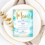Menú Bat Mitzvah Gold Purpurina Relieve metalizado Turq<br><div class="desc">¡Estén orgullosos, regocijaos y exhiban este hito de su Bat Mitzvah favorito con una celebración de la que enorgullecerse! Tómese a sus huéspedes con este sorprendente y moderno menú de fiesta, con Relieve metalizado de imitación de oro brillante, puntos purpurinas y guión de tipografía en un fondo de color turquesa....</div>