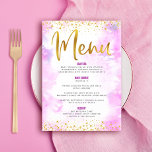 Menú Bat Mitzvah Purpurina de oro Moda de Relieve metal<br><div class="desc">¡Estén orgullosos, regocijaos y exhiban este hito de su Bat Mitzvah favorito con una celebración de la que enorgullecerse! Tentará a sus huéspedes con este impresionante y moderno menú de fiesta, con Relieve metalizado de imitación de oro brillante, puntos purpurinas y escritura tipográfica sobre un suave fondo de color rosa....</div>