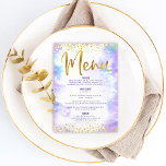 Menú Bat Mitzvah Purpurina de oro Relieve metalizado co<br><div class="desc">¡Estén orgullosos, regocijaos y exhiban este hito de su Bat Mitzvah favorito con una celebración de la que enorgullecerse! Tentará a sus huéspedes con este impresionante y moderno menú de fiestas, con Relieve metalizado de imitación de oro brillante, puntos purpurinas y escritura tipográfica contra un suave fondo de color morado....</div>