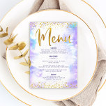 Menú Bat Mitzvah Purpurina de oro Relieve metalizado co<br><div class="desc">¡Estén orgullosos, regocijaos y exhiban este hito de su Bat Mitzvah favorito con una celebración de la que enorgullecerse! Tentará a sus huéspedes con este impresionante y moderno menú de fiestas, con Relieve metalizado de imitación de oro brillante, puntos purpurinas y escritura tipográfica contra un suave fondo de color morado....</div>