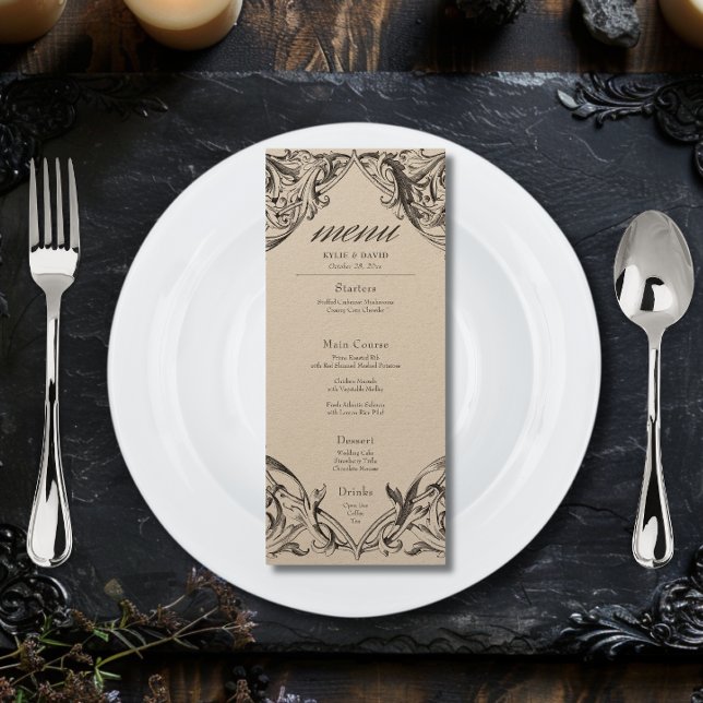 Menú Batalla victoriana hasta la muerte negra y Boda ta (Victorian Bat Until Death Black & Brown Wedding Menu)