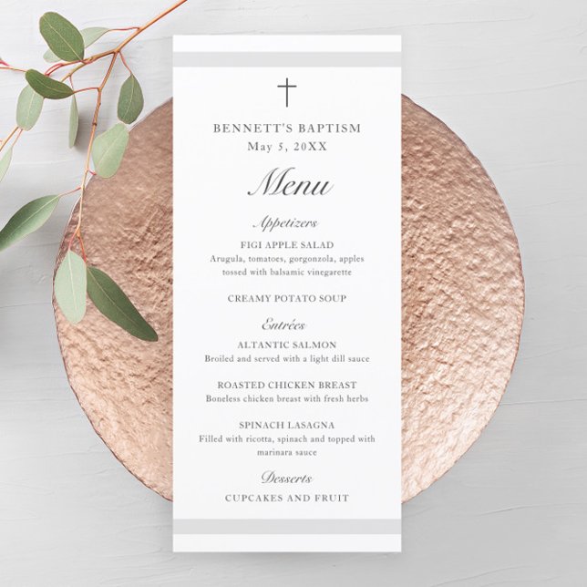 Menú Bautismo gris moderno y elegante (Modern gender neutral  baptism menu with script headlines and simple cross.)