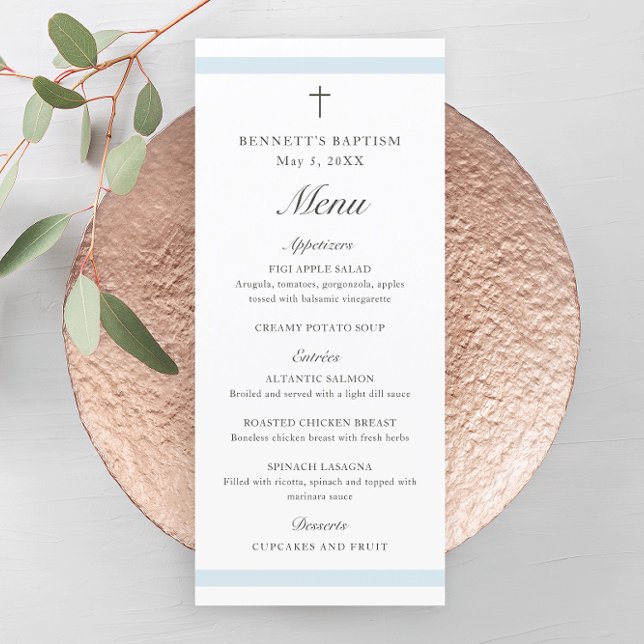Menú Bautismo moderno y elegante de los niños azules (Modern boys baptism menu with script headlines and simple cross.)