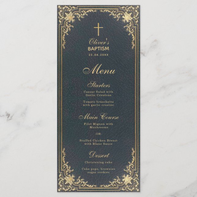 Menú Bautizo Antiguo Niño Azul Dorado  Caligrafía Elega (Anverso)