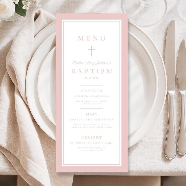 Menú Bautizo de niña de cruz rosa moderna (Modern Pink Cross Girl Baptism Menu)