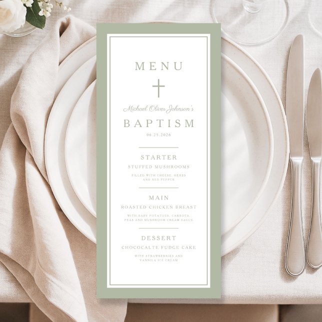Menú Bautizo de Niño Cruz Verde Sage Moderno (Modern Sage Green Cross Boy Baptism Menu)