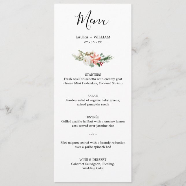 Menú Bayas de Acebo y Cena de Boda de Navidad Floral (Anverso)