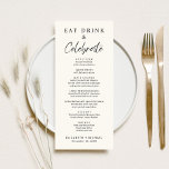 Menú Bebida de moda celebra a crema Boda<br><div class="desc">Menú crema de luz de moda para la recepción de tu boda, fiesta de compromiso, cena de ensayo y otras celebraciones con "Comer, beber y celebrar" en una mezcla de elegante tipografía serif y un guión moderno, tu menú personalizado en una tipografía simple, y tus nombres y fecha de evento....</div>