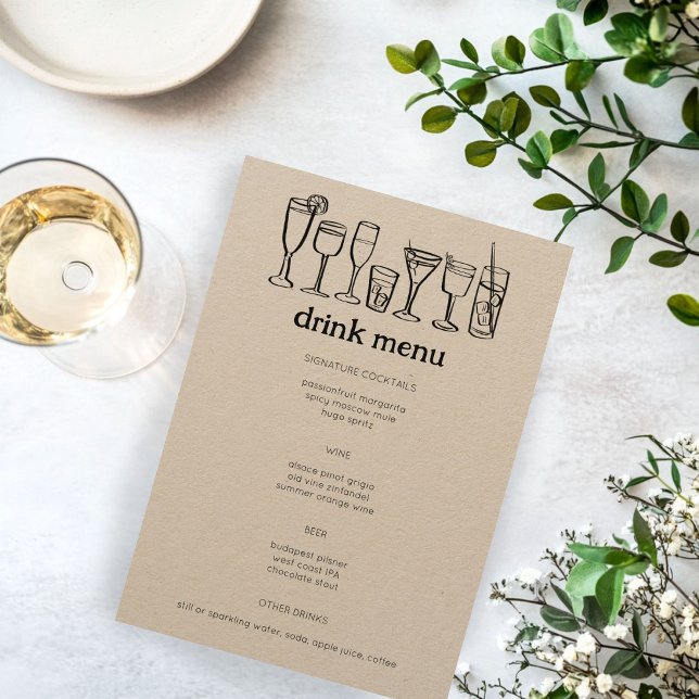 Menú Bebida de PERSONALIZADO rústico moderno con dibujo (Cocktails Doodle Sketch Modern Rustic Engagement Wedding Party CUSTOM Drink Menu
)