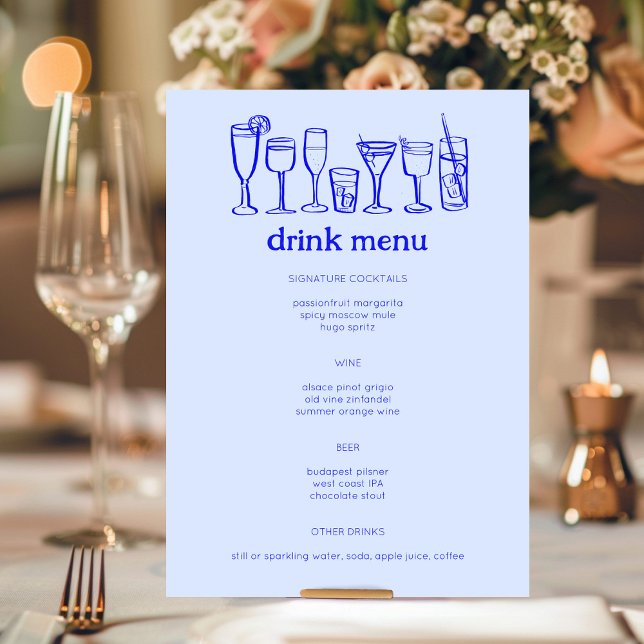Menú Bebida PERSONALIZADO moderna con dibujos de dibujo (Cocktails Doodle Sketch Modern CUSTOM Drink Menu
Blue Wedding Engagement Party)