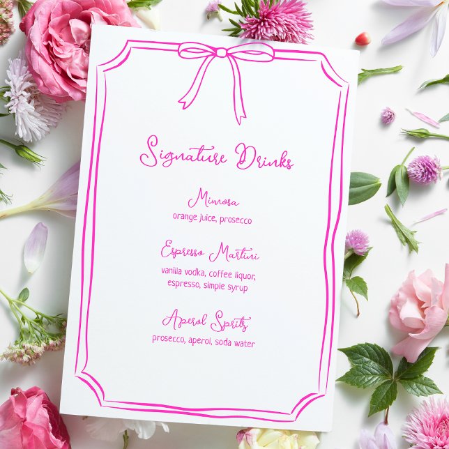 Menú Bebidas con firma rosada de barba de mano (Elegant floral signature drinks menu with a pink bow design, giving a whimsical coquette aesthetic.)
