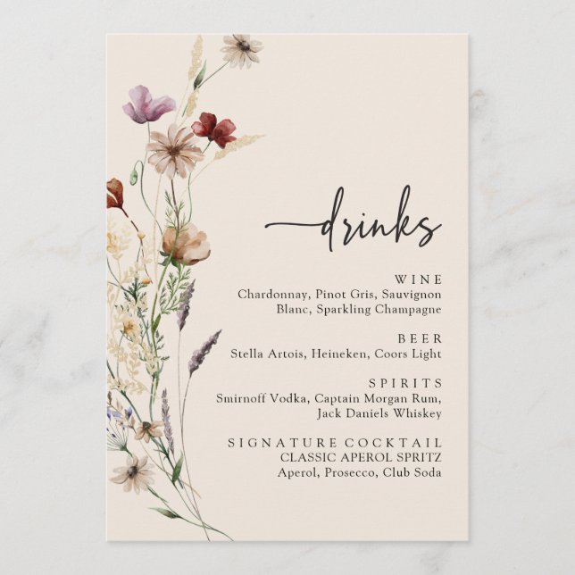 Menú Bebidas de Boda con Flores Silvestres Elegantes (Anverso)