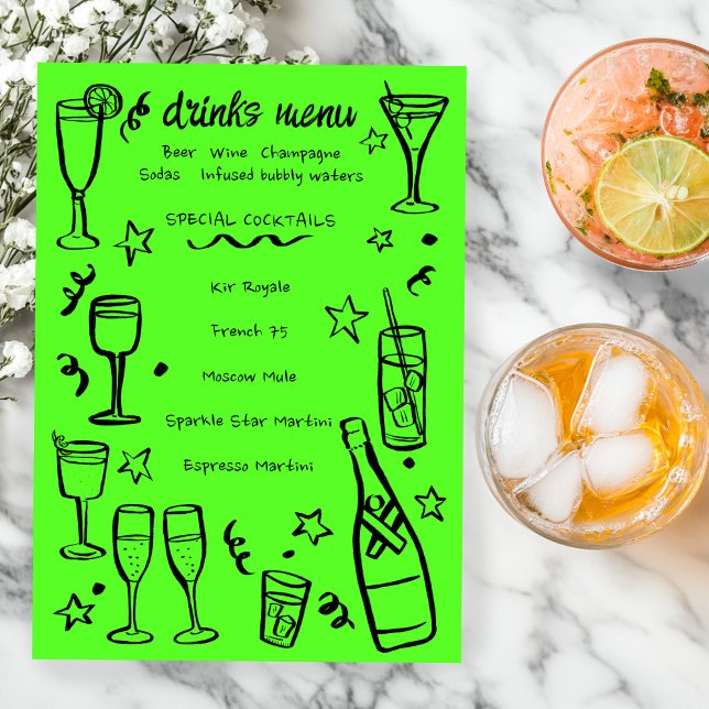Menú Bebidas de cóctel de fiesta de AÑO NUEVO caprichos (Whimsical NEW YEAR Party Cocktail Drinks Custom Menu Neon Lime Green 
)