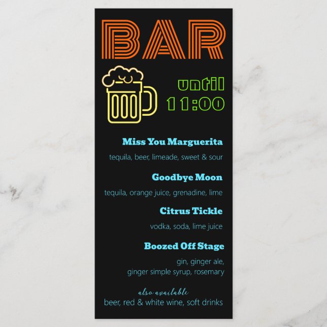 Menú Bebidas de letrero de bar de neón (Anverso)