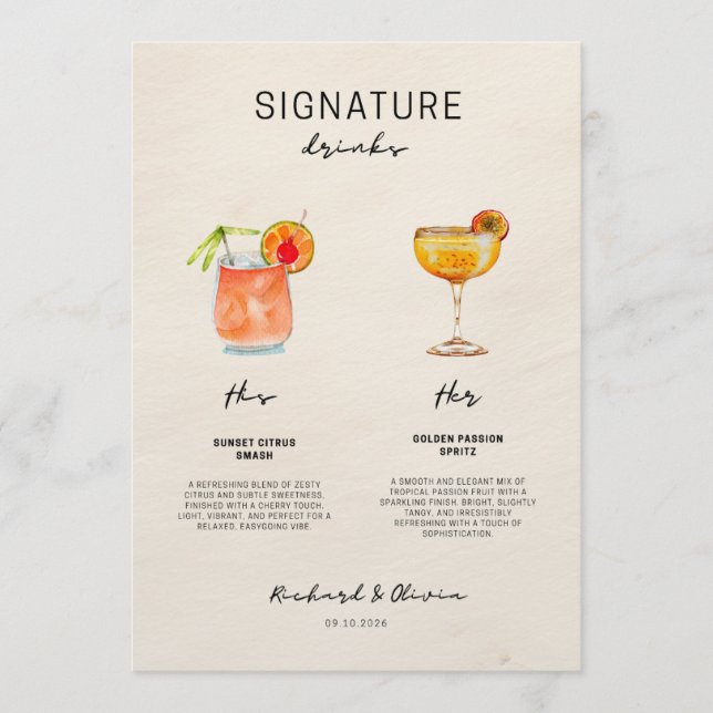 Menú Bebidas emblemáticas de boda: colección de cóctele (Anverso)