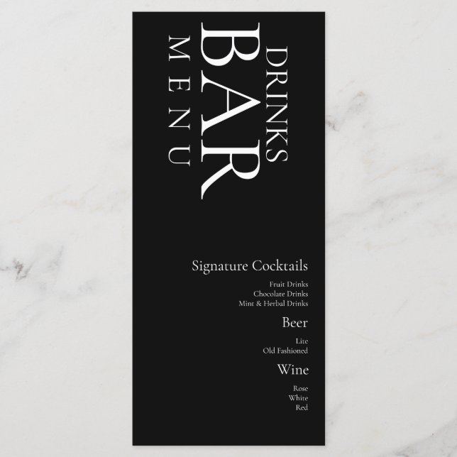Menú Bebidas Simples Cóctel Vino Boda Negro Blanco (Anverso)