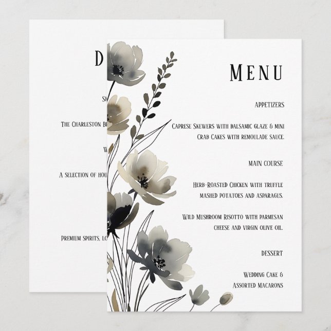 Menú Beige Neutral Floral Wedding (Anverso / Reverso)